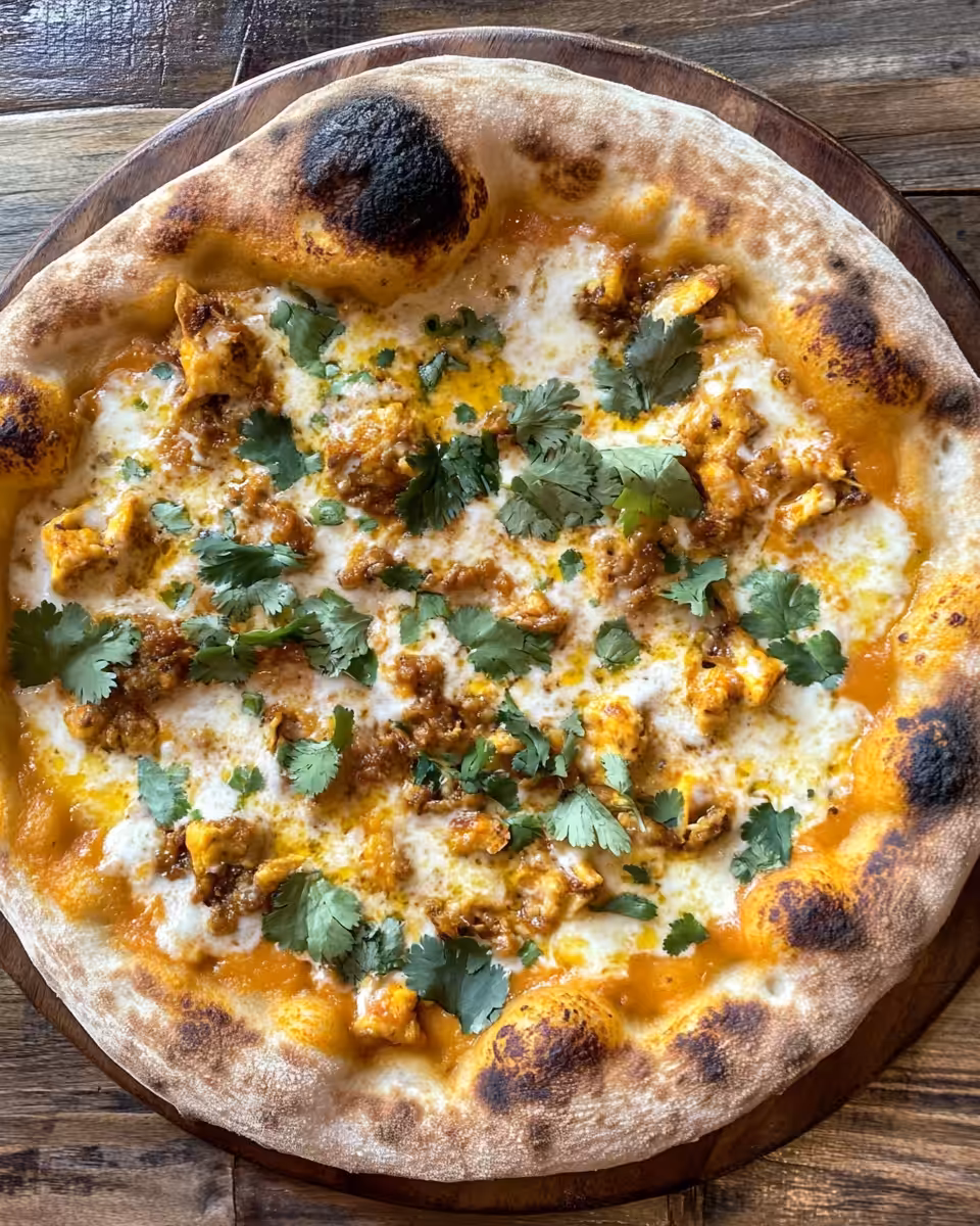 Close up of Thai Curry Pizza fresh out of the oven with melted mozzarella