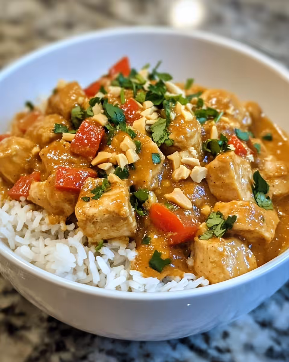 Plated Thai peanut chicken served with rice and garnished with peanuts and cilantro
