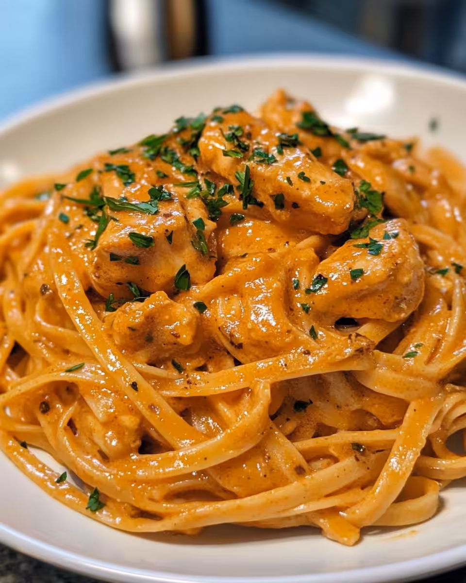 Served Cowboy Butter Chicken Linguine in bowl garnished with fresh herbs