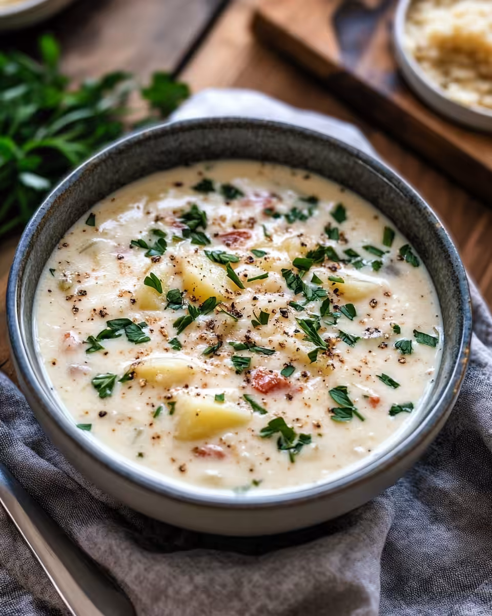 Ingredients laid out for creamy potato soup including potatoes, bacon, dairy, and broth