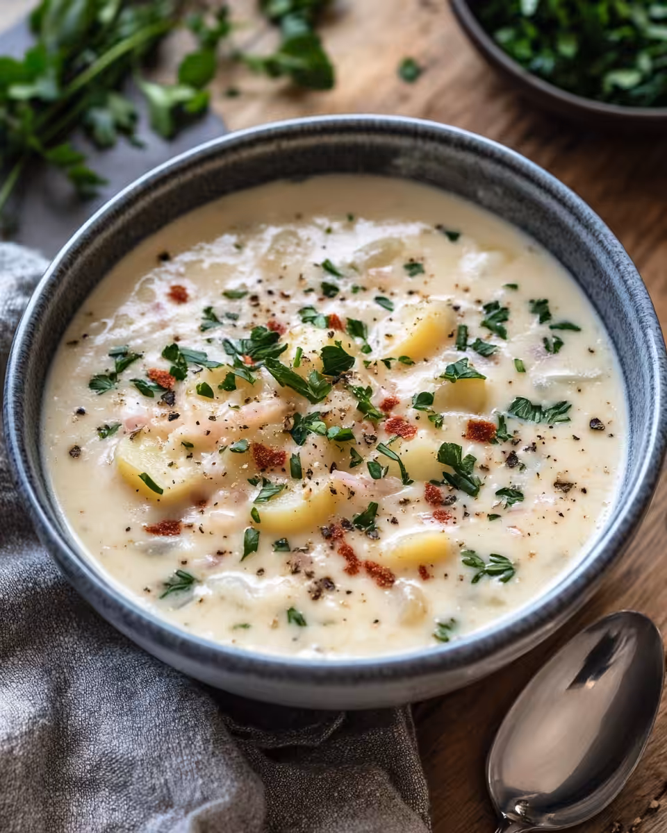 Finished creamy potato soup served with bacon and sour cream