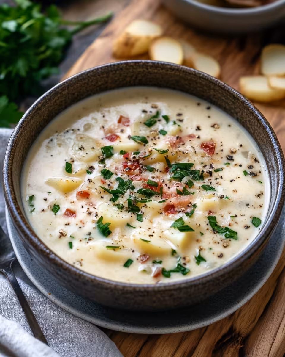 Creamy pressure cooker potato soup in a bowl with toppings