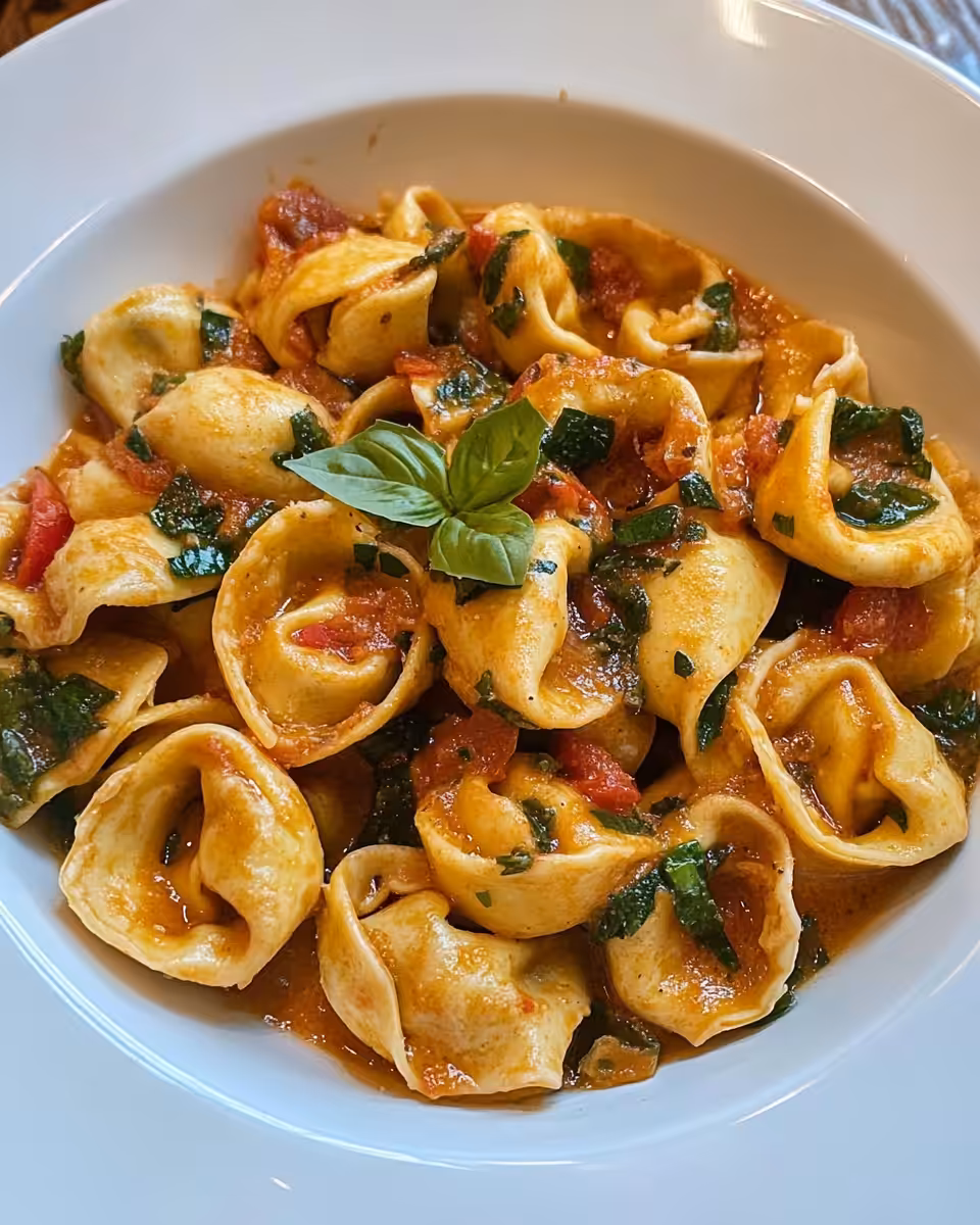 Plated Marry Me Tortellini with creamy sauce and garnishes served