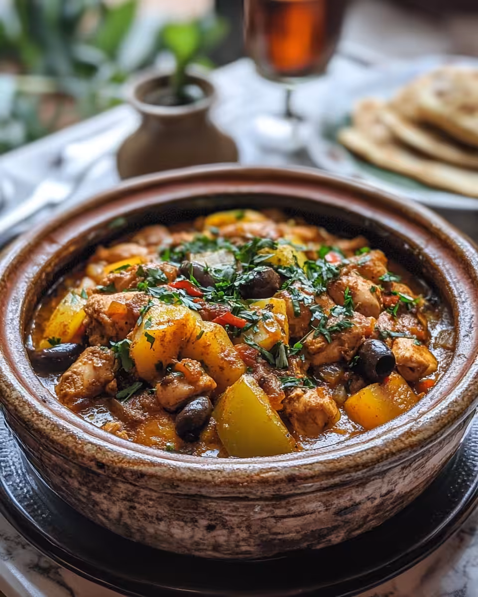 Served Moroccan chicken tagine with olives and couscous on the plate
