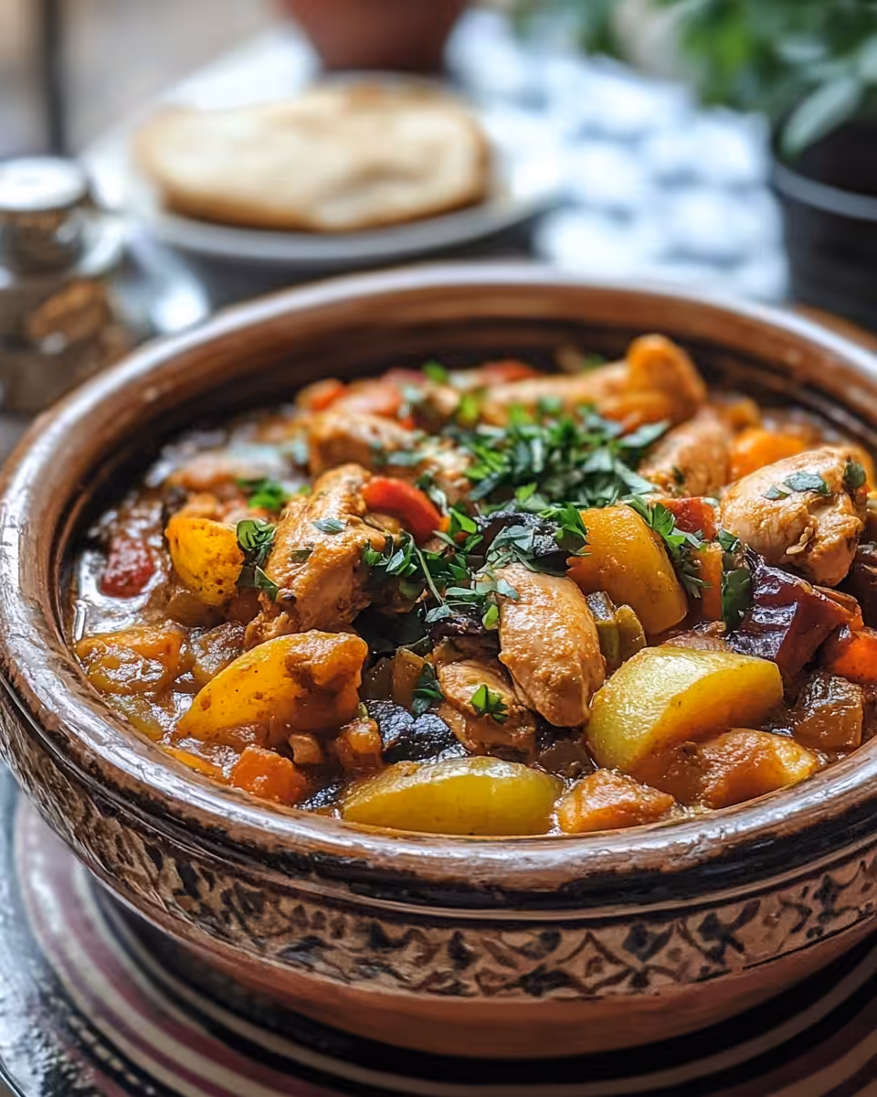 Moroccan chicken tagine simmering with spices in pressure cooker