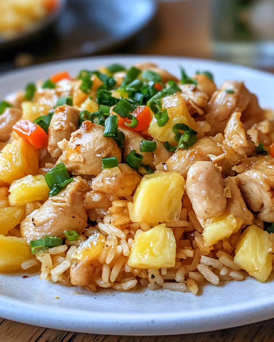Ingredients for tropical pineapple chicken rice laid out on cutting board