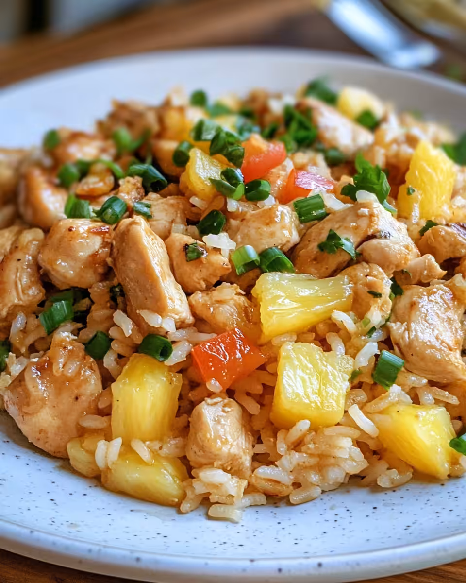 Served plate of tropical pineapple chicken and coconut rice garnished with herbs