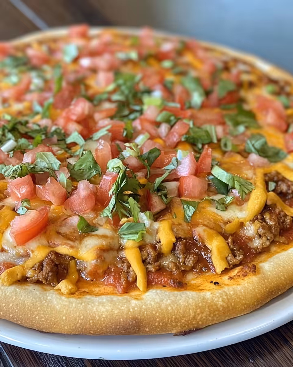 Sliced vegan taco pizza served with fresh toppings