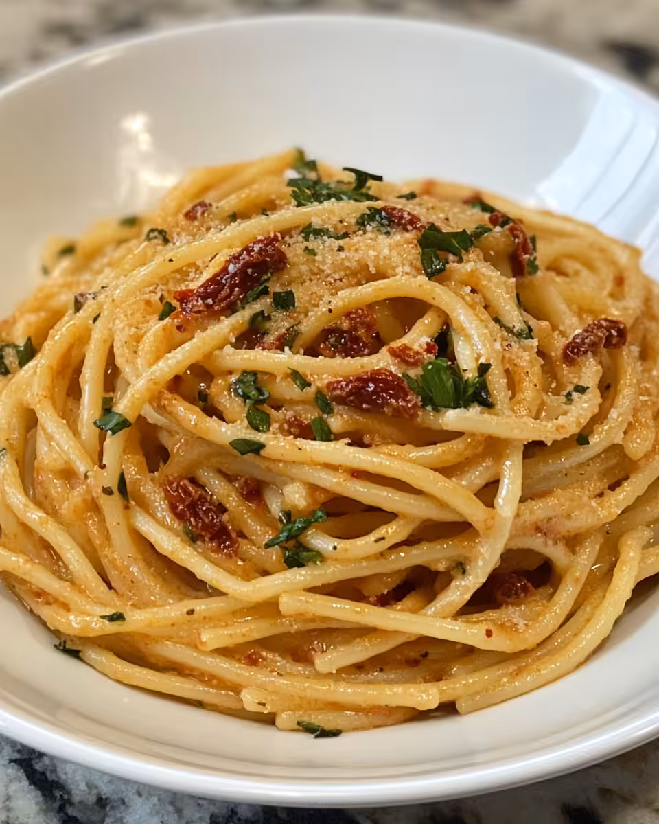 Ingredients for creamy sun-dried tomato pasta including garlic, basil, and tahini