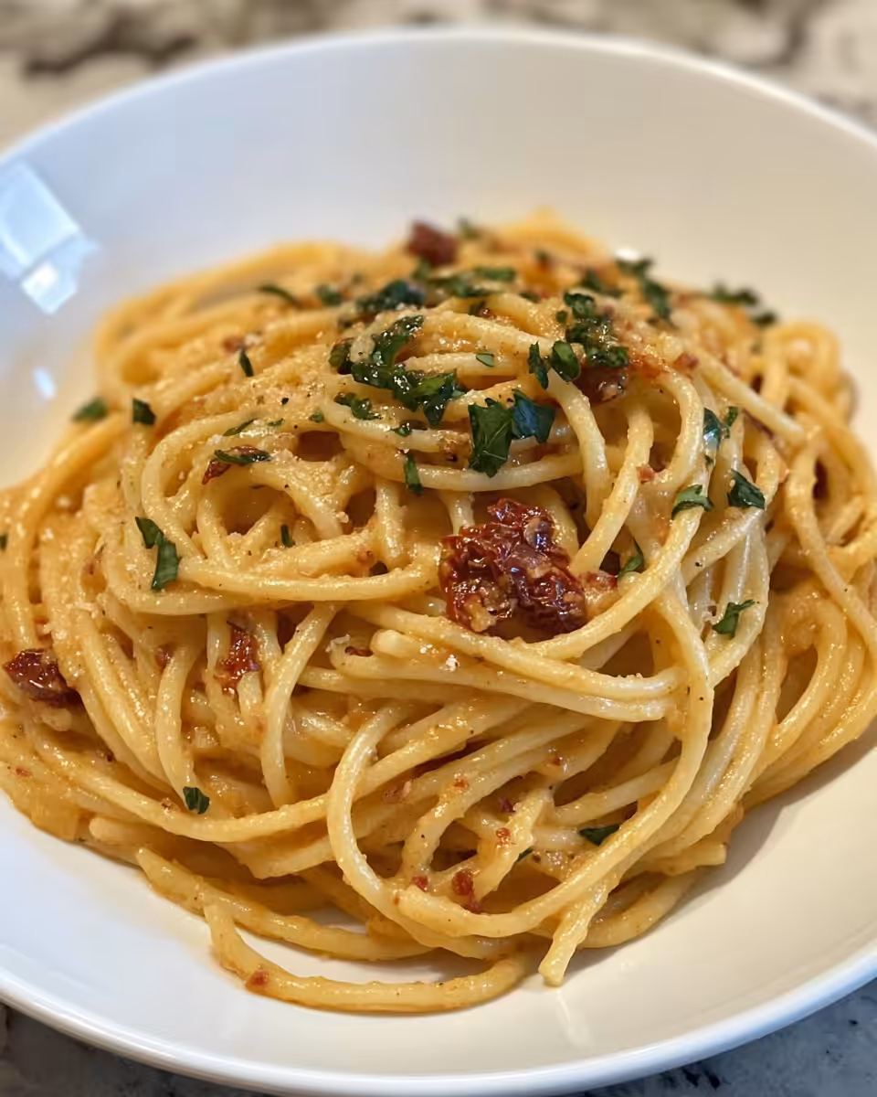 Finished creamy vegan sun-dried tomato pasta served garnished with fresh basil
