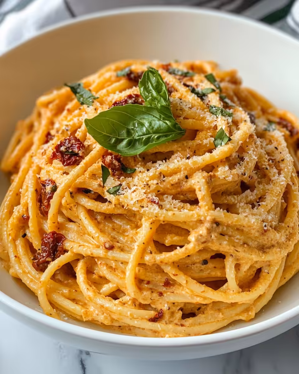 Creamy sun-dried tomato pasta served with fresh basil garnish
