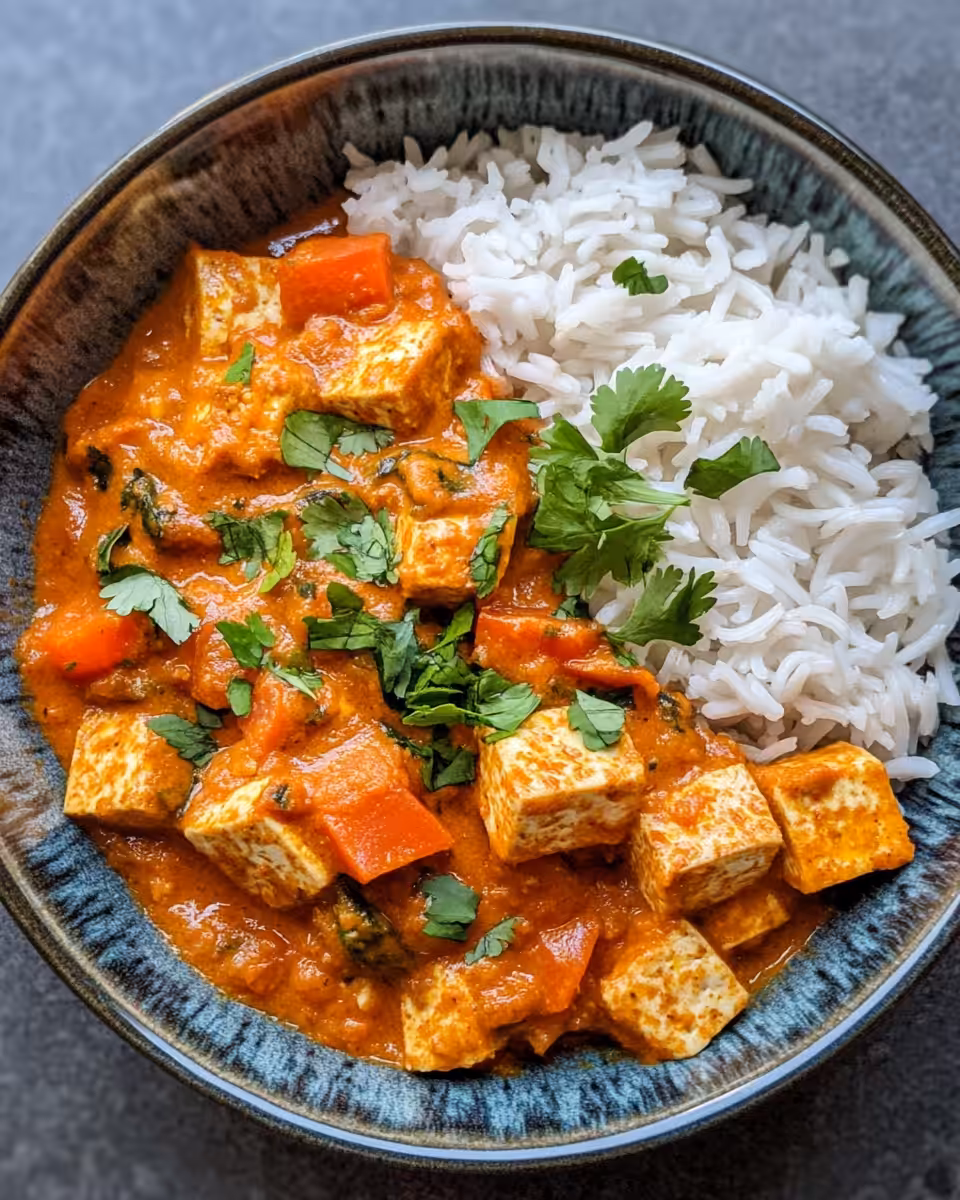 Served vegan slow cooker tofu tikka masala with sides and garnishes