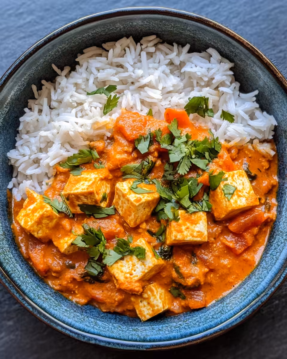 Vegan slow cooker tofu tikka masala simmering in creamy sauce