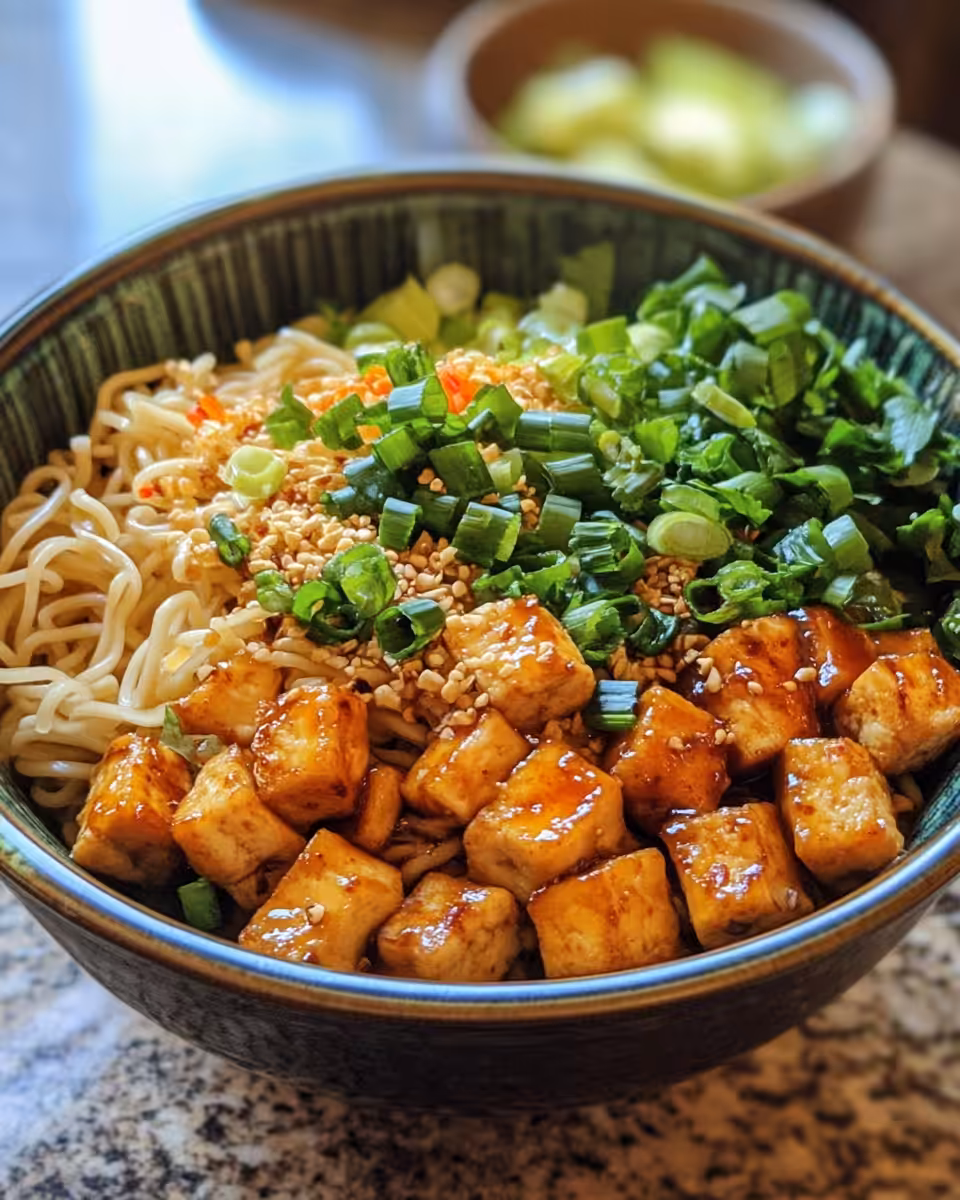 Served vegan teriyaki noodle bowl with green onions and sesame seeds