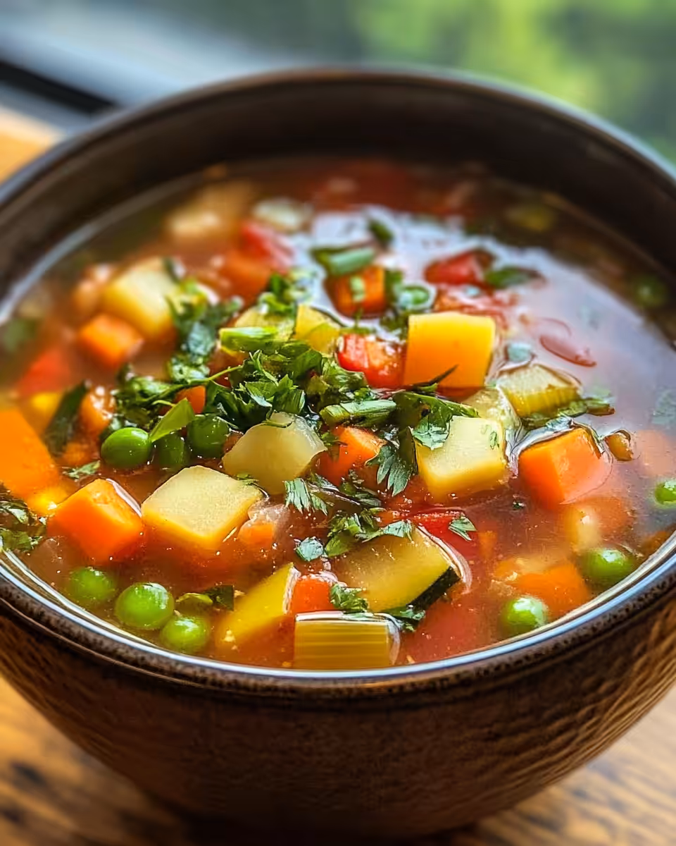 Finished vegetable soup served in a bowl, garnished and ready to eat