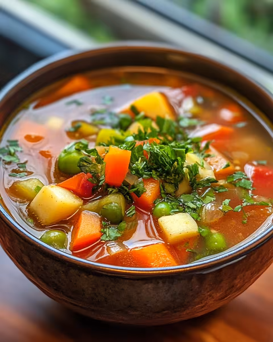 Steam rising from pressure cooker with vegetable soup inside