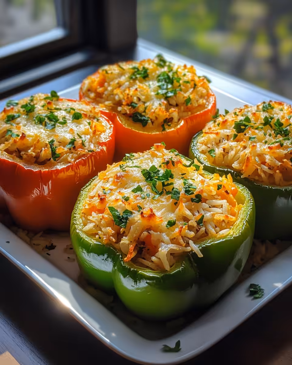 Finished stuffed bell peppers fresh from the oven with melted cheese