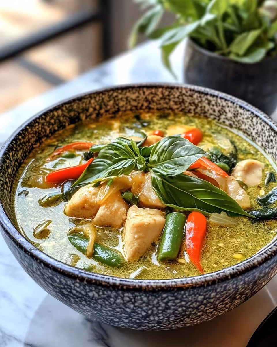 Bowl of finished vegan Thai green curry served with jasmine rice and Thai basil