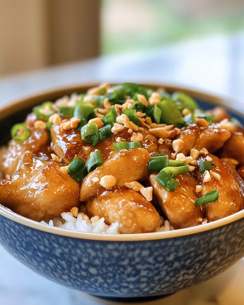 Finished Vietnamese caramel ginger chicken plated with green onion garnish