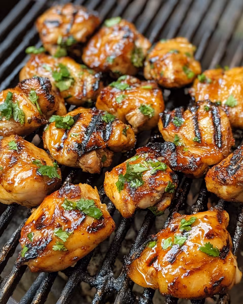 Marinated chicken being grilled on a barbecue with fresh herbs and vegetables ready