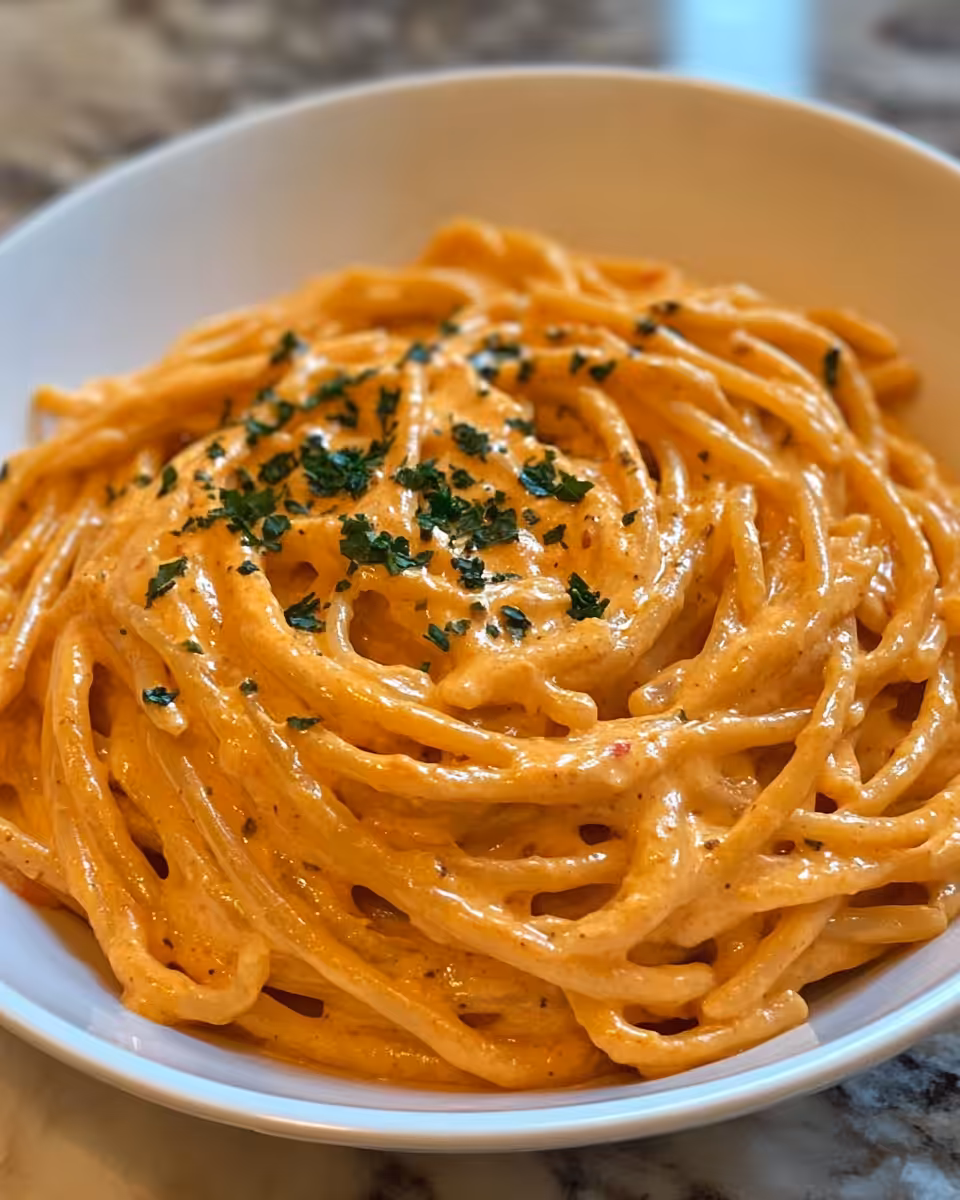 Serving creamy tomato pasta with parmesan and fresh herbs