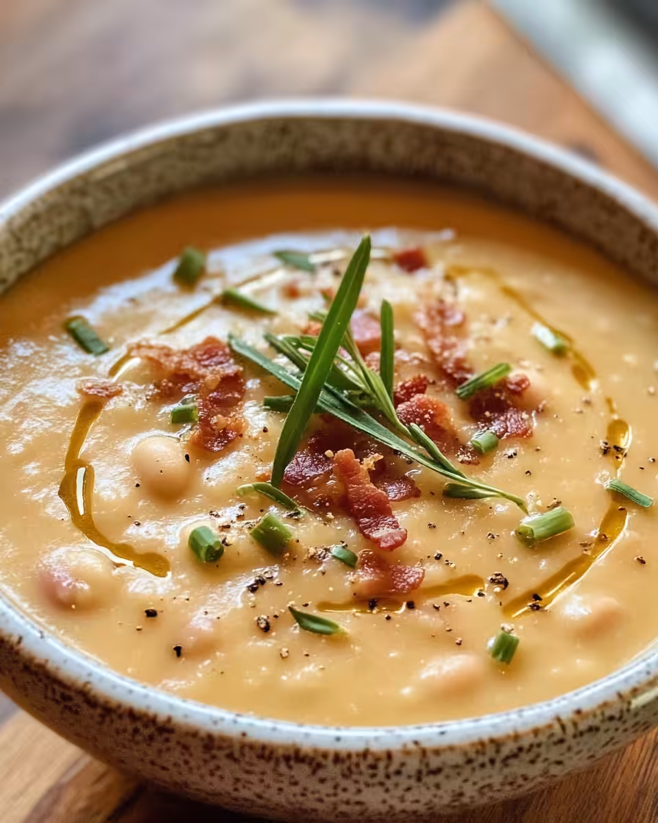 Served white bean soup with bacon and garnishes in bowl ready to eat