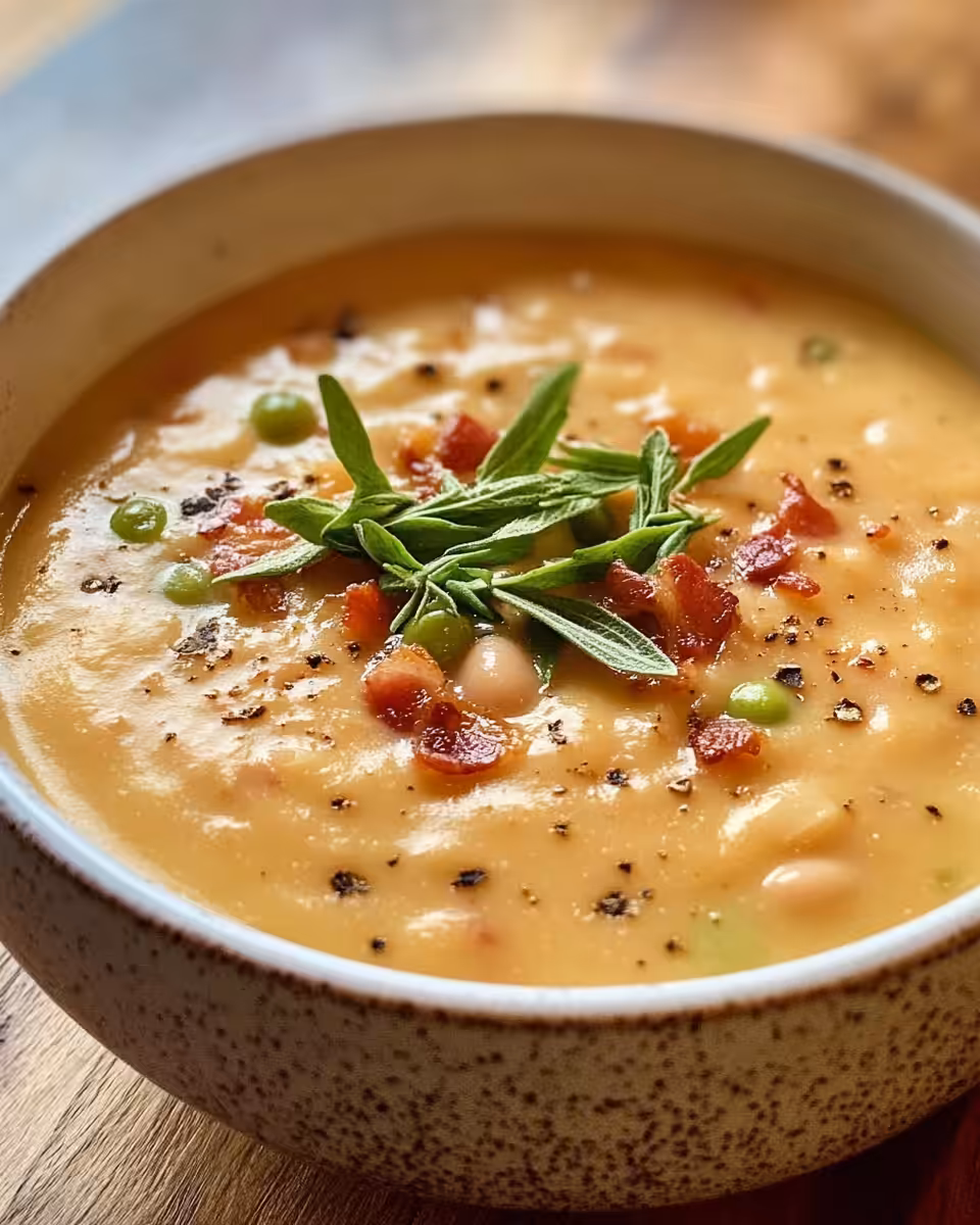 Steam rising from pressure cooker as white bean soup with bacon cooks