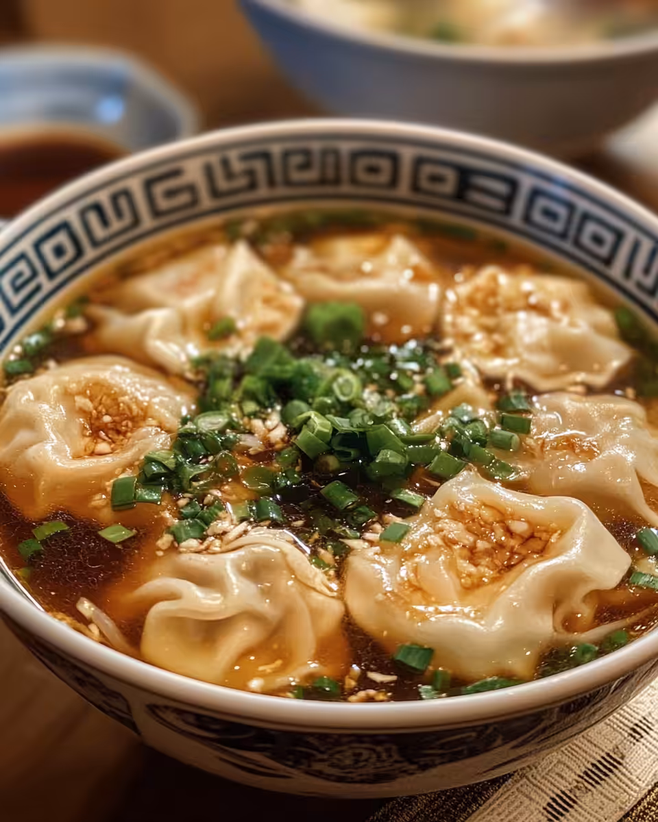 Bowl of finished wonton soup with garnishes and steam