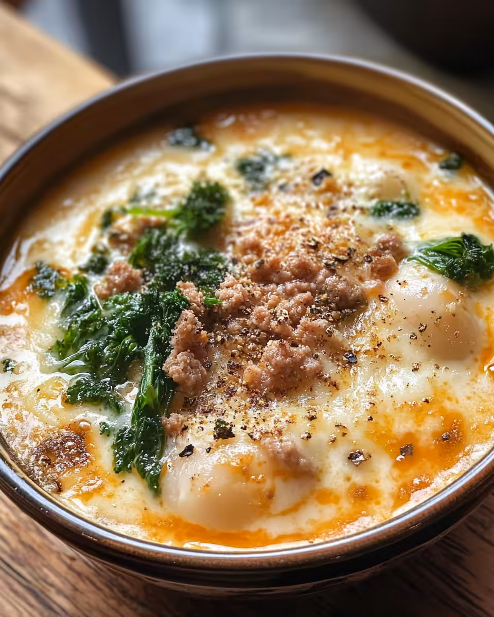 Ingredients for Zuppa Toscana soup with bacon, sausage, potatoes, kale, and cream