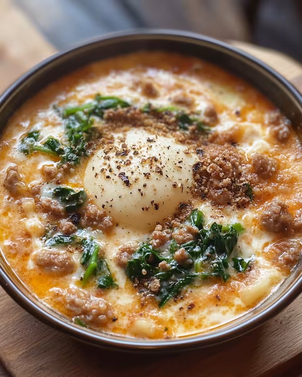 Final served bowl of creamy Zuppa Toscana soup with kale and sausage