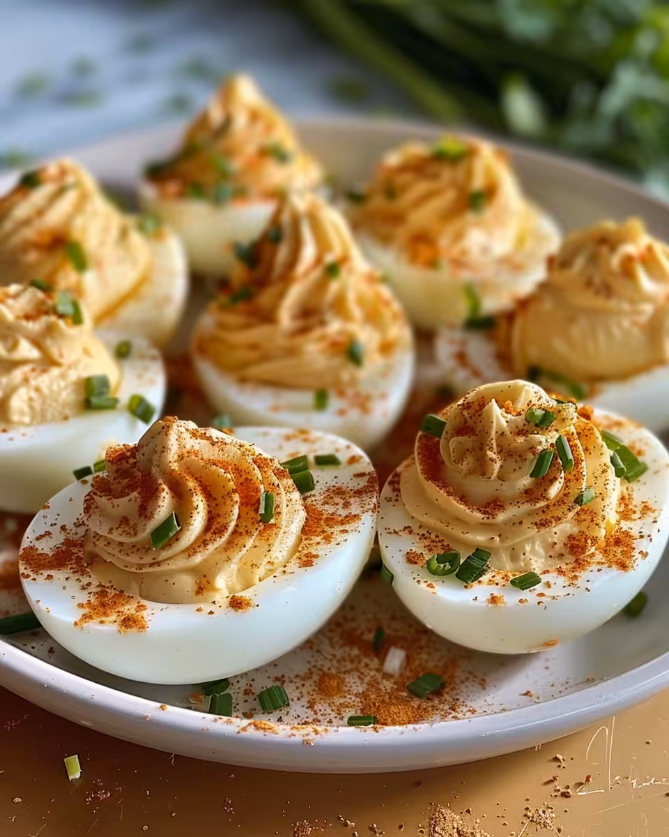 Final plated pepperoni pizza deviled eggs with paprika garnish