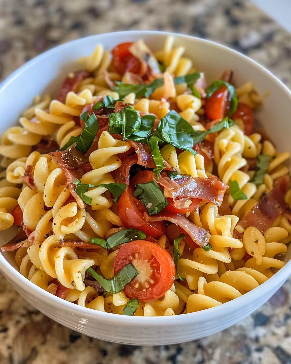 Finished pasta salad tossed with vinaigrette and ready to serve