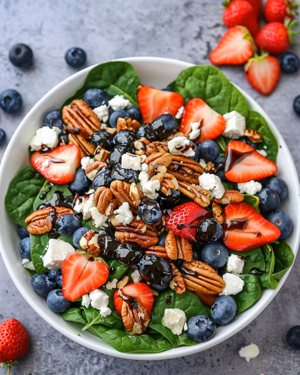 Ingredients for strawberry spinach salad including pecans, onions, spinach, strawberries, and feta