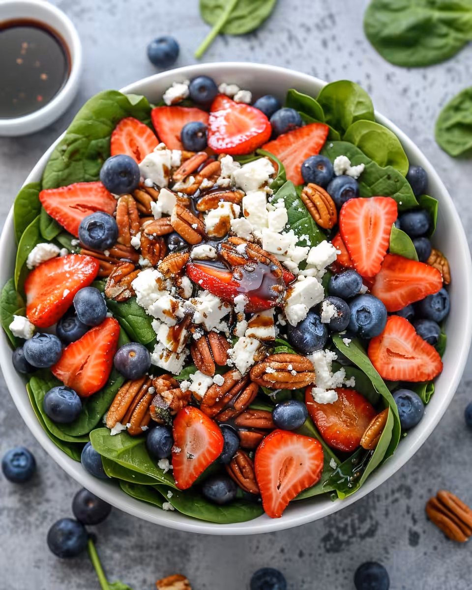 Fresh strawberry spinach salad with pecans, feta cheese, and balsamic glaze in bowl