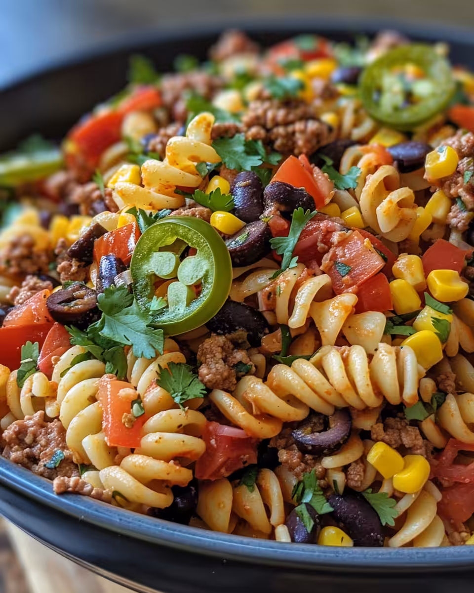 Creamy finished taco pasta in pressure cooker ready to serve