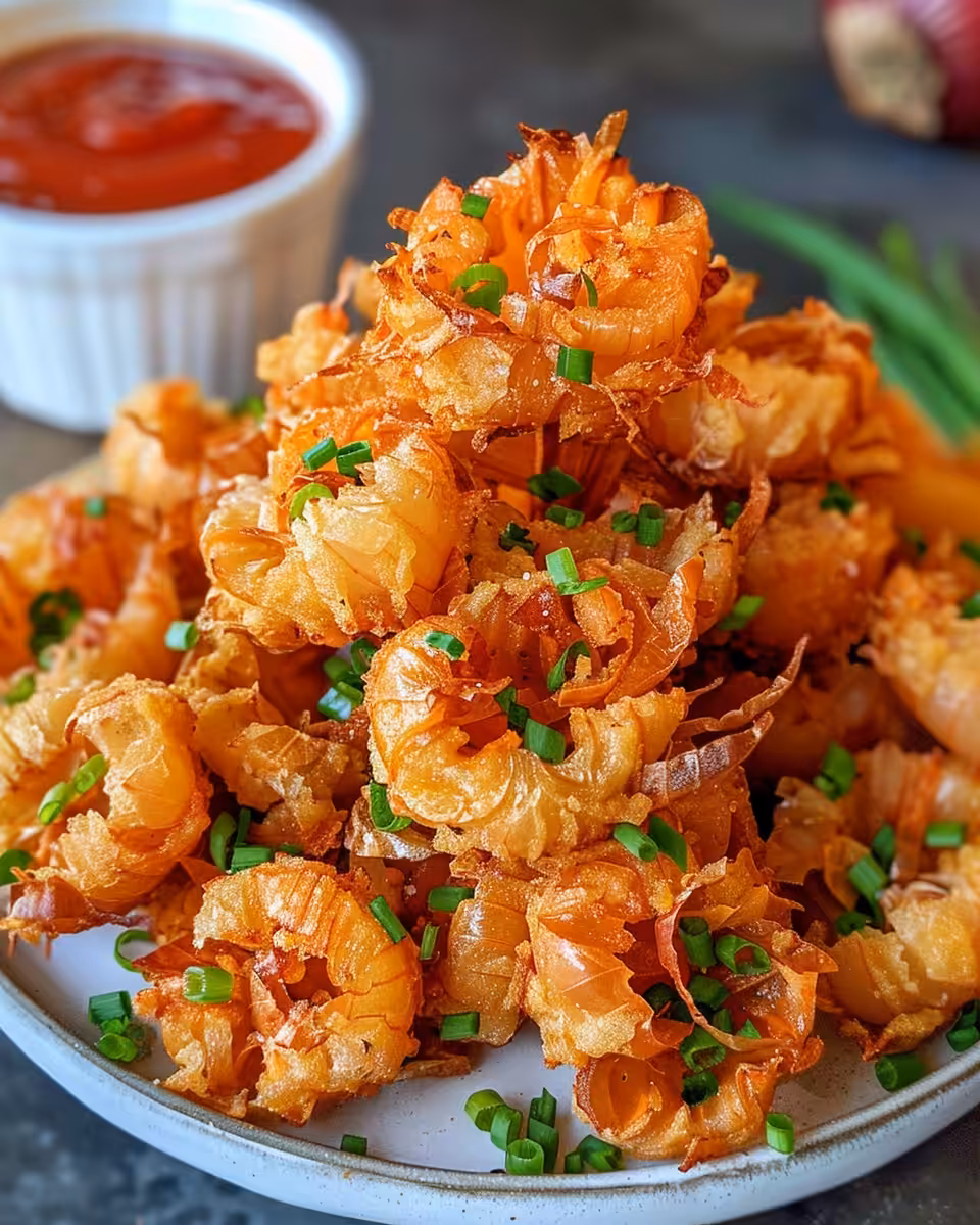 Serving of crispy golden blooming onions ready to eat