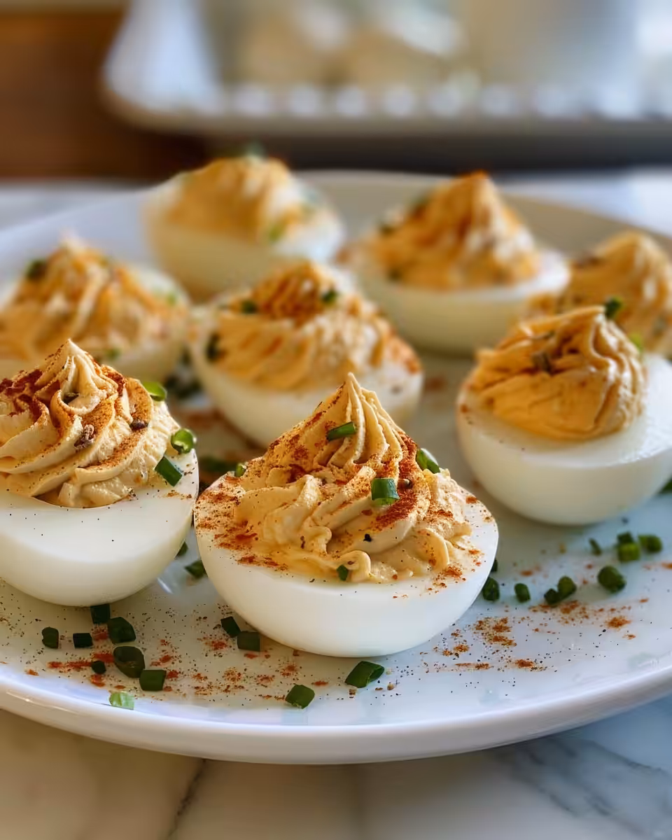 Close up of a deviled egg showing smooth creamy filling topped with paprika