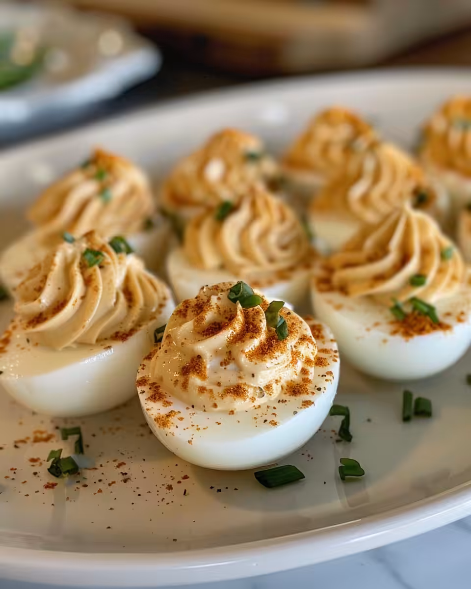 Freshly cooked deviled eggs with creamy filling and paprika garnish