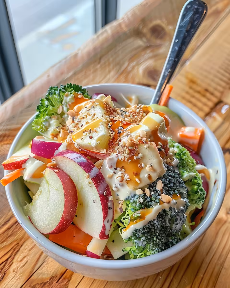 Delicious finished broccoli salad garnished and served in bowl