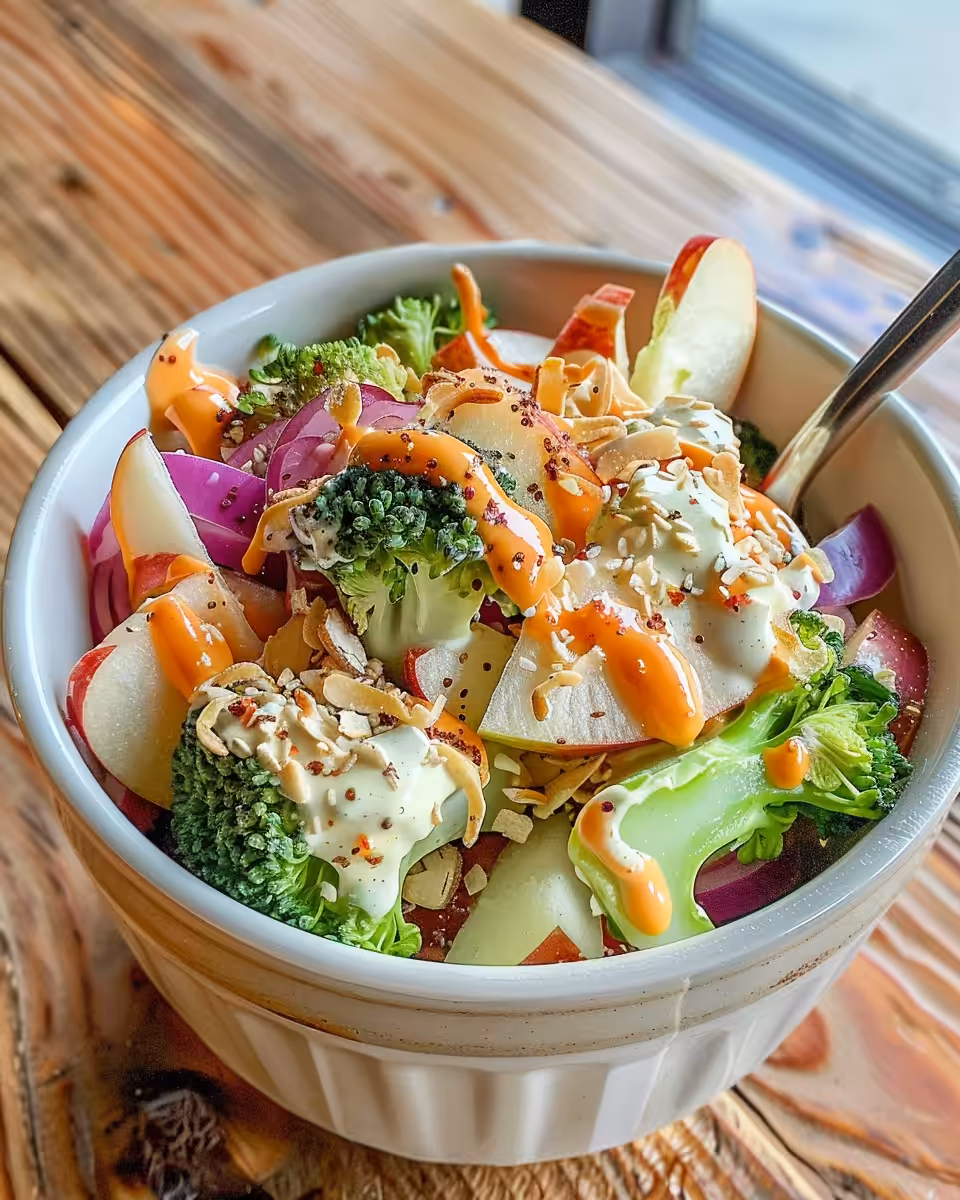 Broccoli salad with apples, walnuts, and cranberries fresh and ready to serve