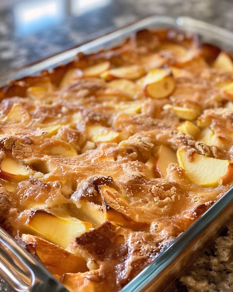 Close-up of sliced Apple Fritter Breakfast Casserole with glaze drizzle