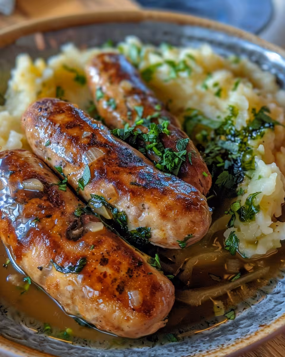 Final plated Irish bangers and colcannon served on a plate