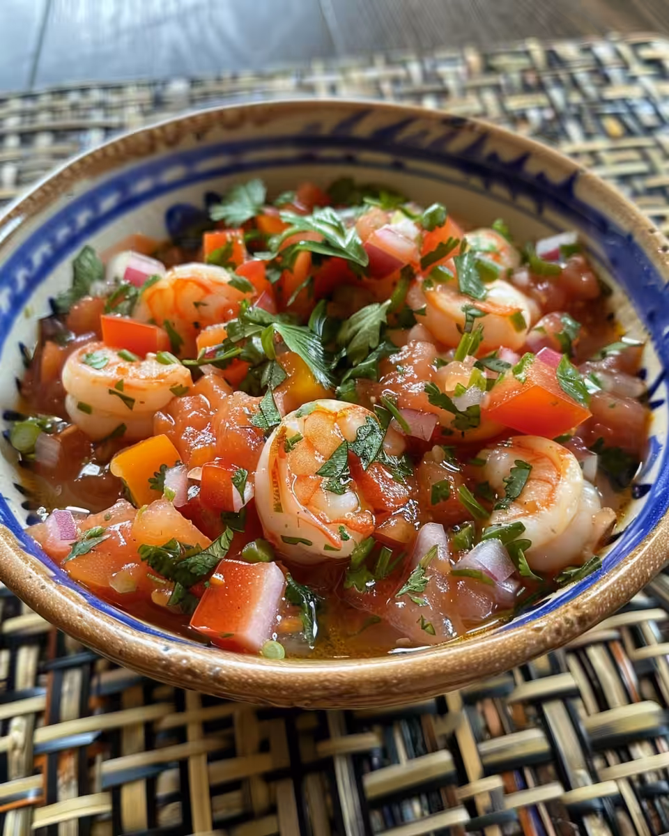 Served shrimp ceviche with avocado and cilantro chimichurri on the side