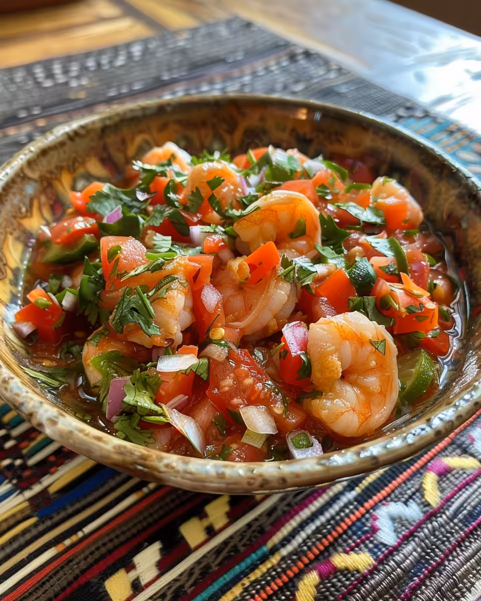 Raw shrimp ceviche in pressure cooker bowl with lime and fresh vegetables