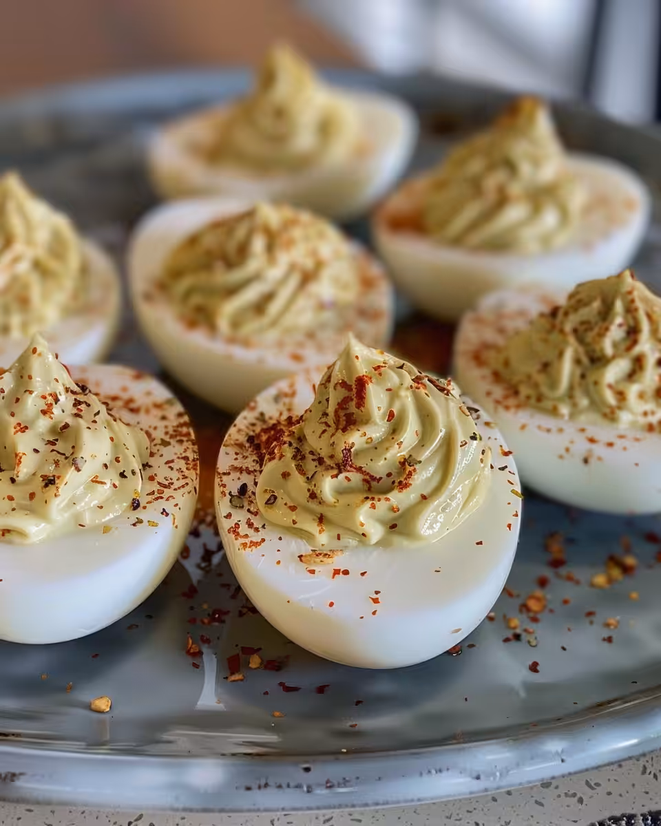 Finished avocado deviled eggs with crispy bacon garnish