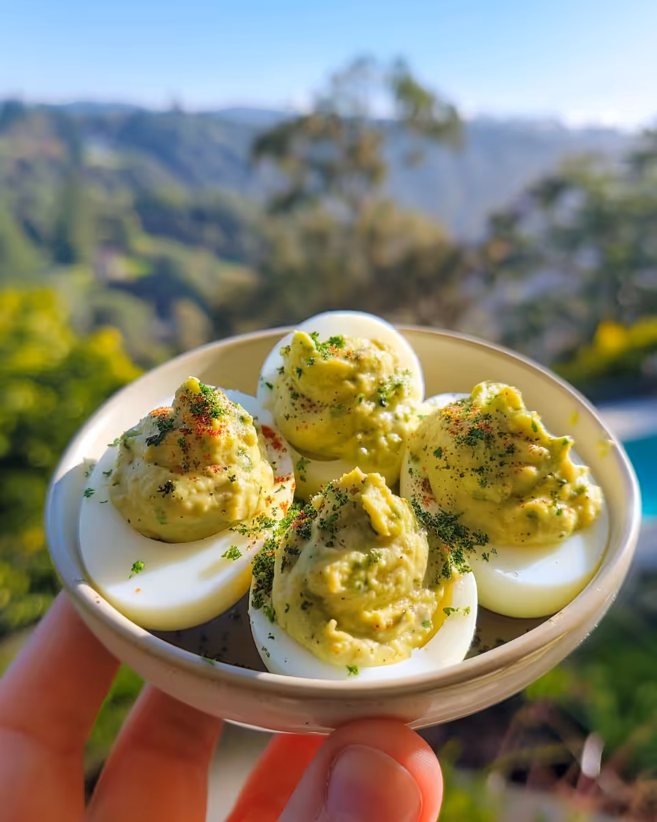 Ingredients for avocado deviled eggs including avocado, eggs, lime, and herbs