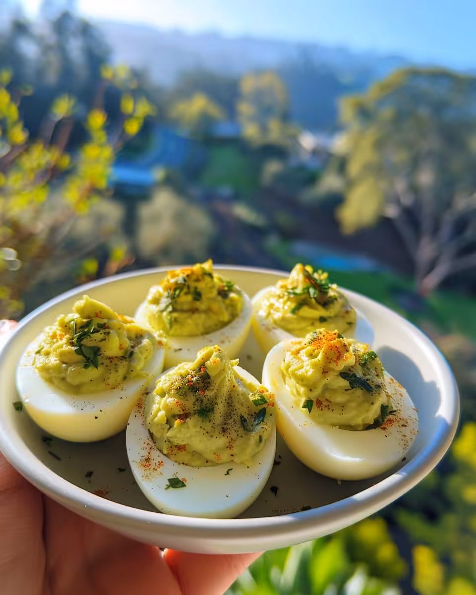 Final served avocado deviled eggs garnished with cilantro
