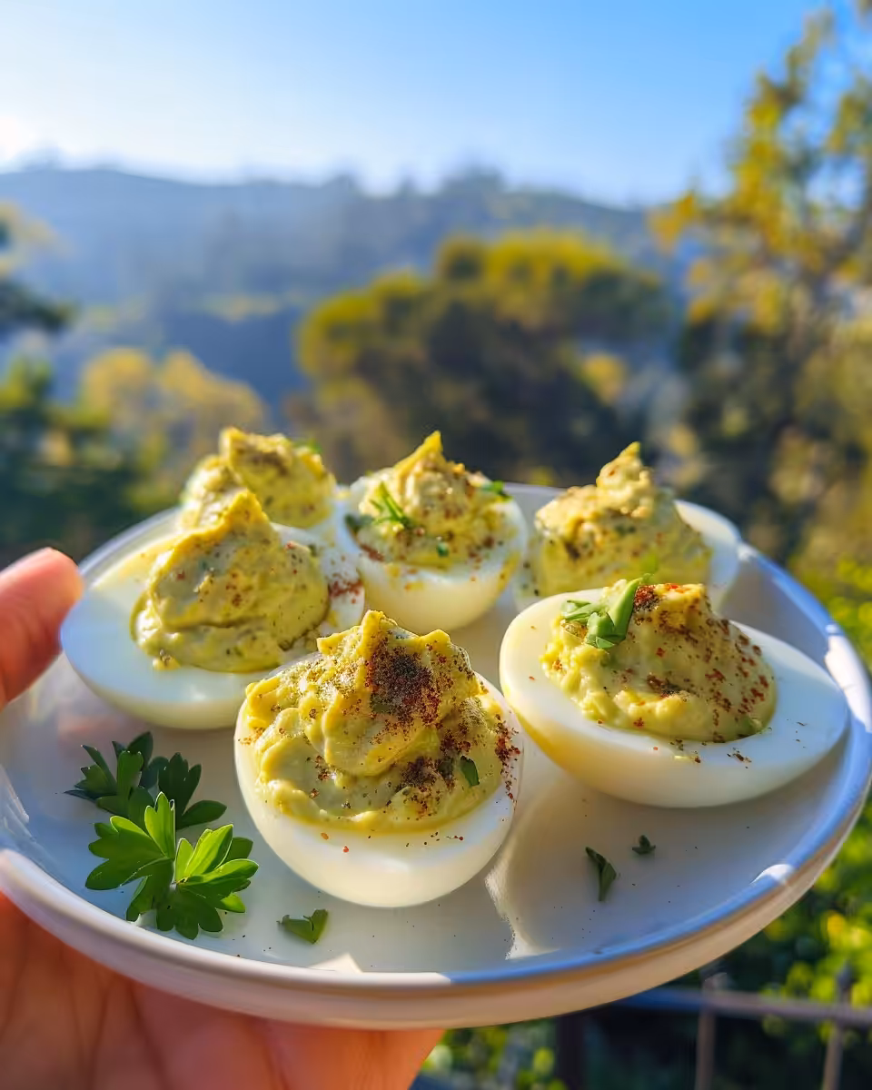 Freshly cooked avocado deviled eggs in a bowl