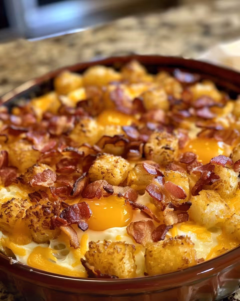 Ingredients and preparation steps for breakfast casserole including bacon and cheddar cheese