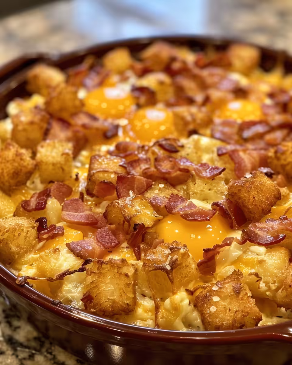 Sliced tater tot breakfast casserole plated and ready to eat